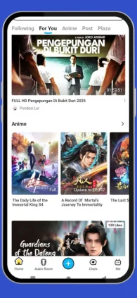 Bilibili APK interface on Android Mobile with anime and movie videos Screenshot of Bilibili APK in Androind Mobile “For You” tab showing anime and Hollywood movie